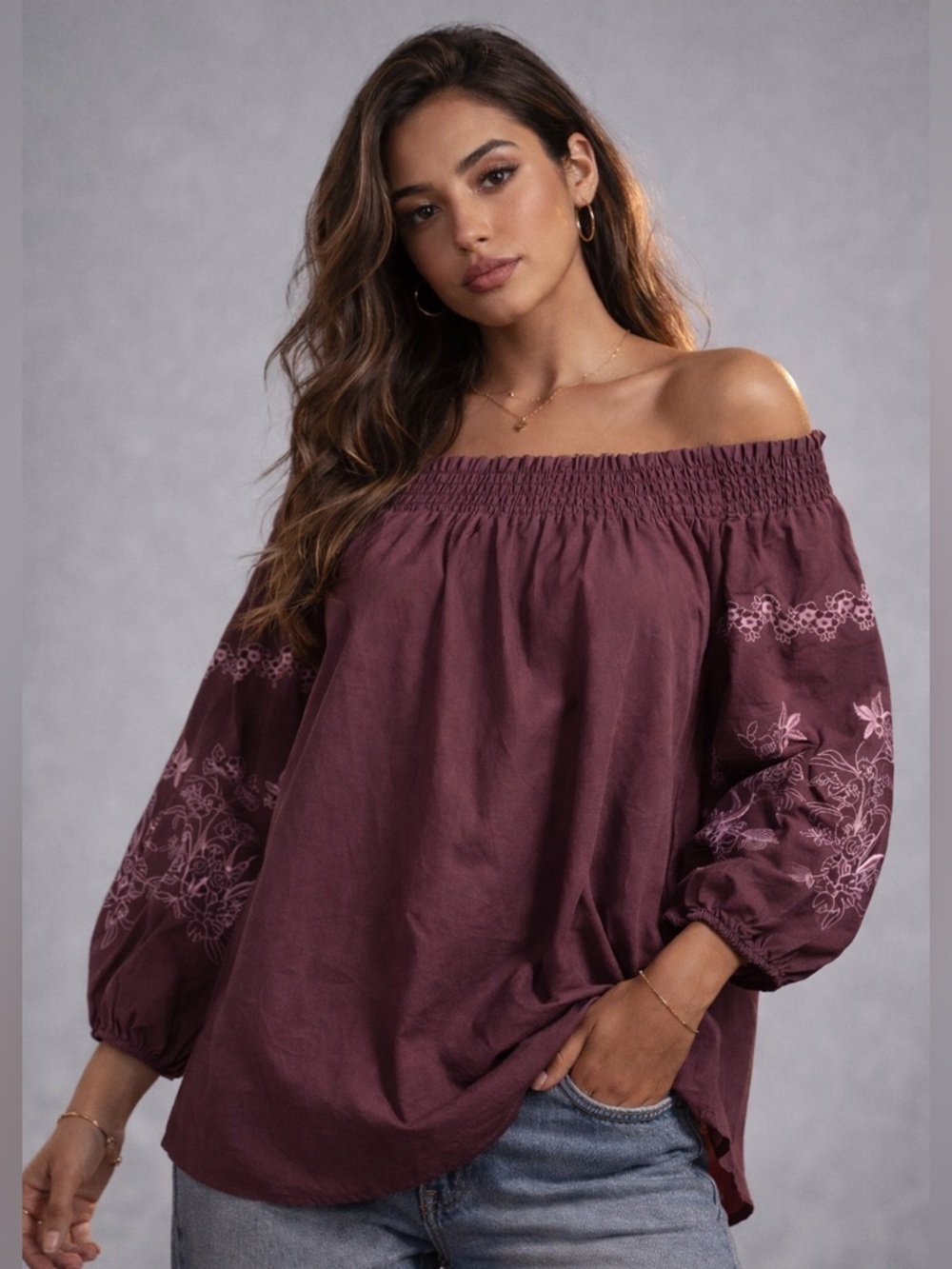 Serra Burgundy Off Shoulder Embroidered Peasant Blouse Cotton Size L Boho